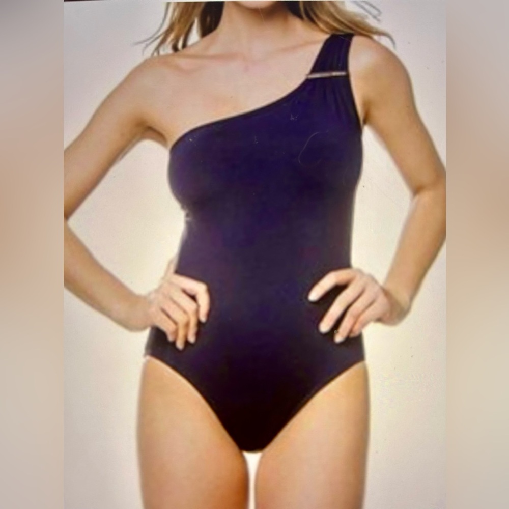 Michael Kors One Shoulder Jet Black/Gold Bar Logo 1 Piece Swimsuit SZ 12